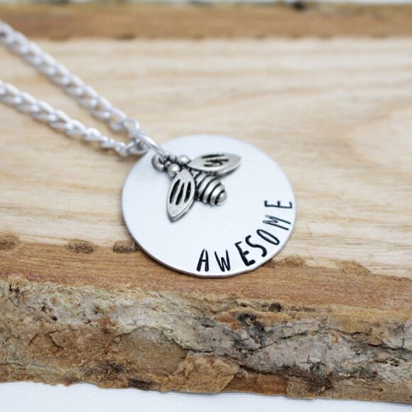 Bee Awesome - Hand Stamped Pendant Necklace - 18" Chain - Handmade - Picture 2 of 5